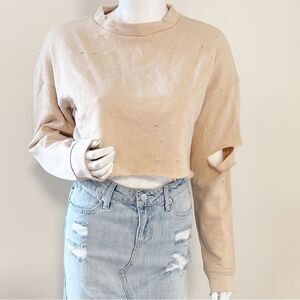 Meshki Intentionally Distressed Tan Cropped Sweatshirt Hole Details Throughout
